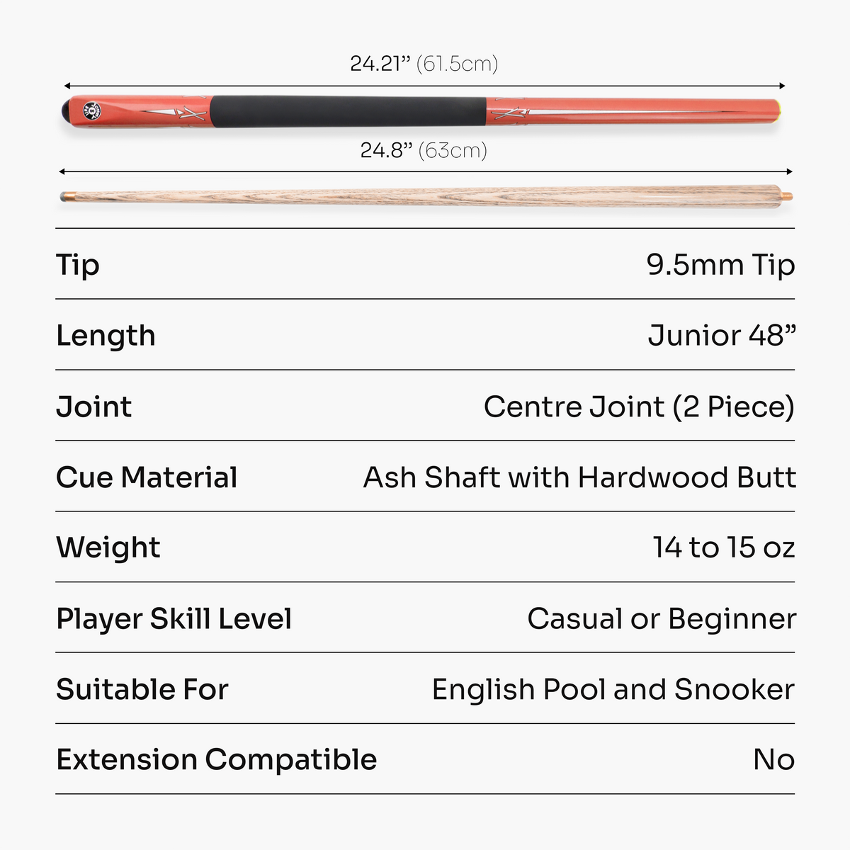Jonny 8 Ball Orange Torpedo 48 Inch 2 Piece Junior Kids Snooker and Pool Cue 9.5mm Tip