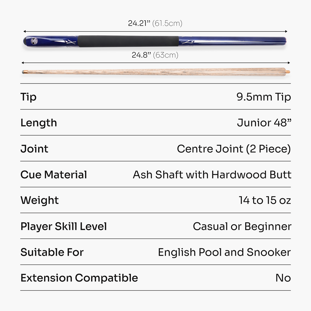 Jonny 8 Ball BLUE TORPEDO 48 Inch 2 Piece Junior Kids Snooker Pool Cue and Hard Case Set 9.5mm Tip