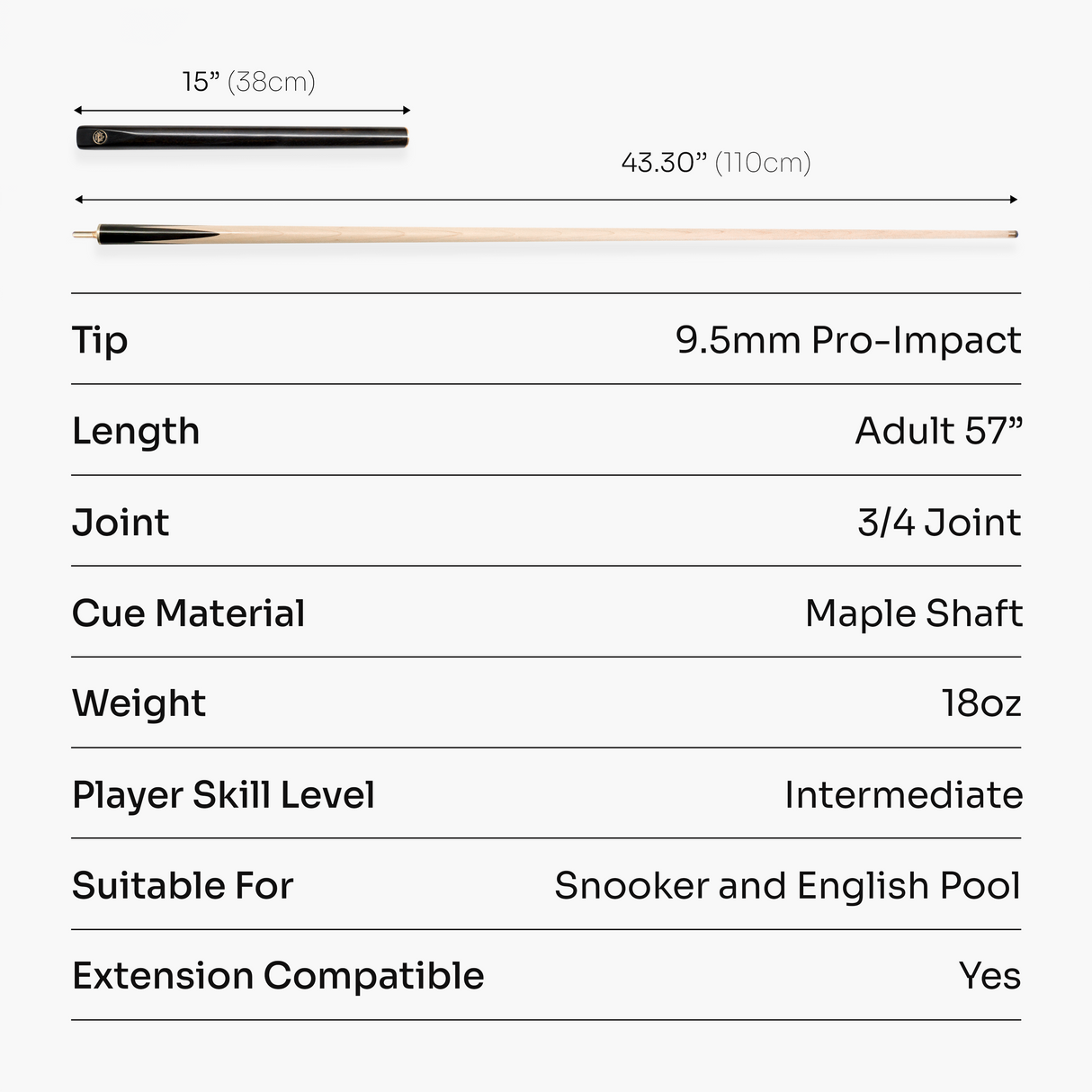 Baize Master Maple Classic ¾ Joint Snooker and Pool Cue with Maple Shaft and 9.5mm Pro Impact Tip Baize Master