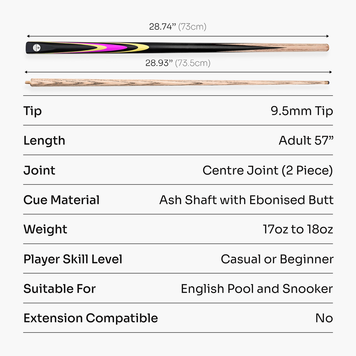 Kudos Pulse 57 Inch 2 Piece Heavy Weight Snooker and Pool Cue with 9.5mm Tip