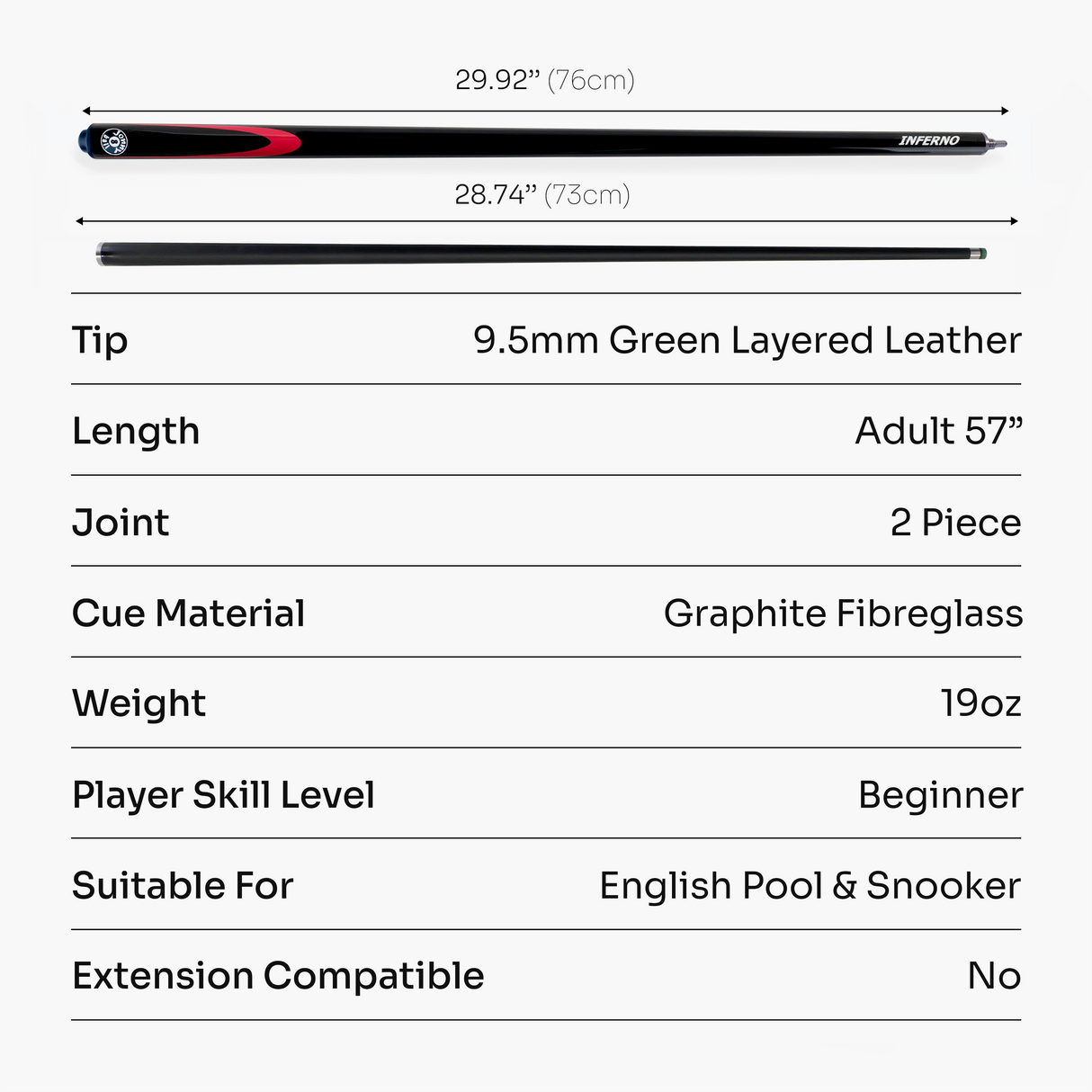 Jonny 8 Ball Inferno 2 Piece Graphite Fiberglass Snooker and Pool Cue 9.5mm Green Layered Tip