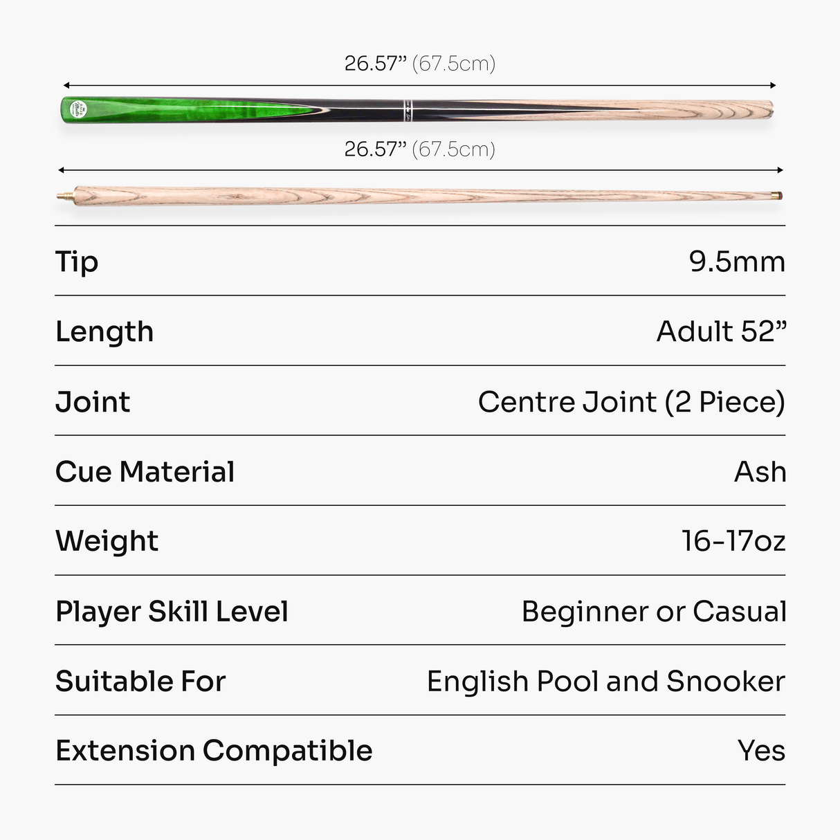 Baize Master CONQUEST 52 Inch 2 Piece Junior Snooker Pool Cue with 9.5mm Tip