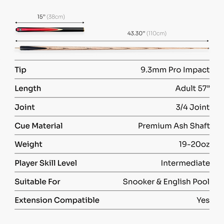PRO147 Jester 57 Inch 3/4 Joint Hand Spliced Snooker and Pool Cue with 9.3mm Pro Tip PRO147