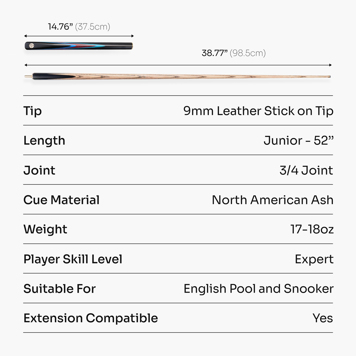 Baize Master Junior Marksman 52 Inch 3/4 Joint English Pool Cue with 9mm Tip