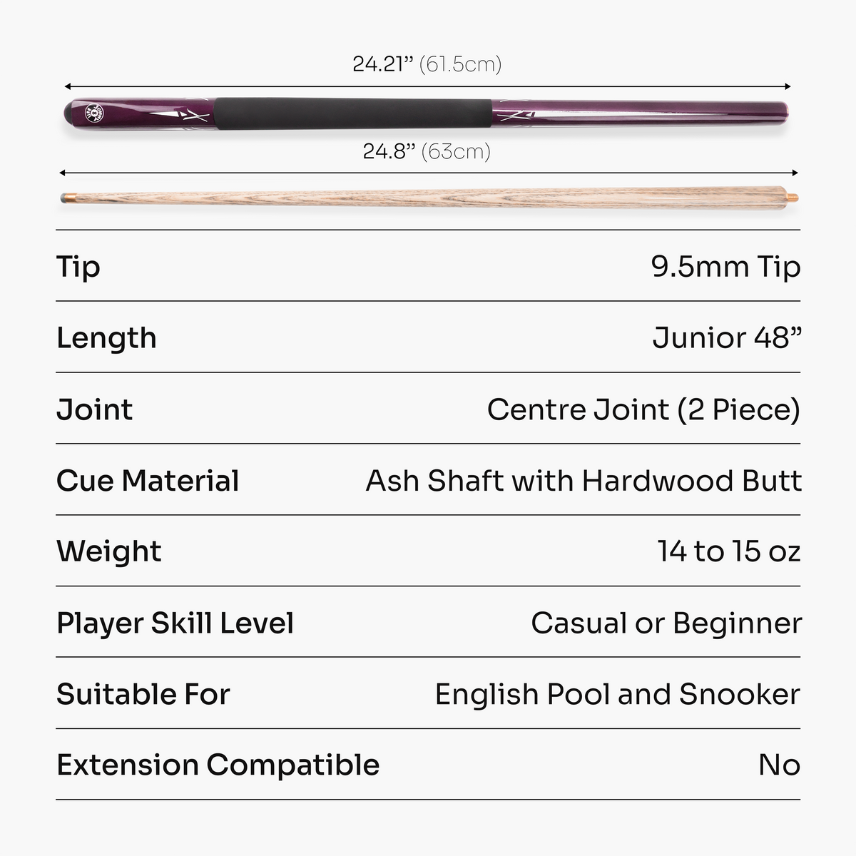 Jonny 8 Ball Purple Torpedo 48 Inch 2 Piece Junior Kids Snooker Pool Cue and Hard Case Set 9.5mm Tip