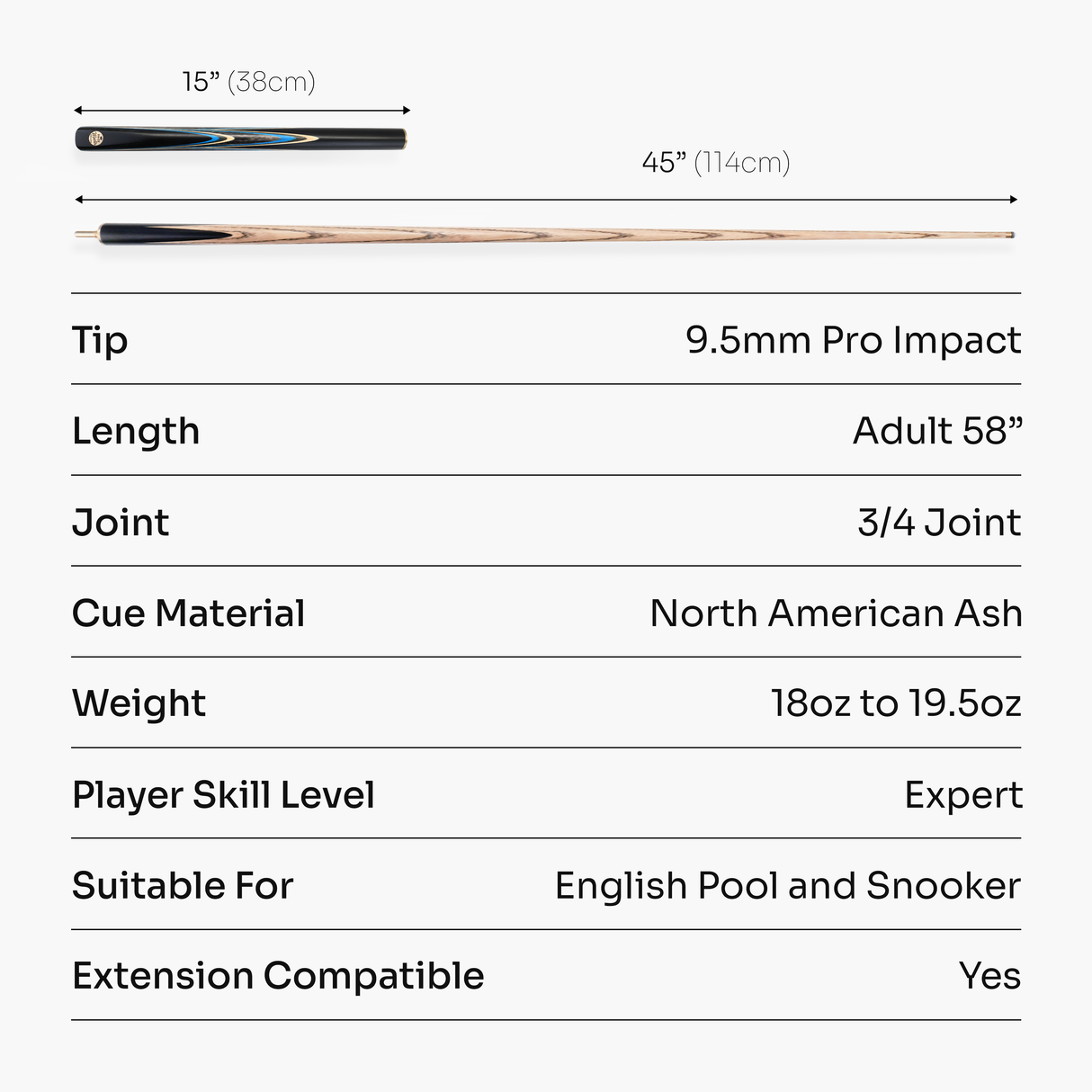 Baize Master Marine Centurion 58 Inch 3/4 Joint Hand Spliced Snooker and Pool Cue with 9.5mm Pro Impact Hybrid Tip Baize Master