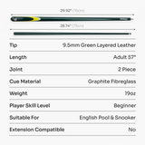 Jonny 8 Ball Inferno 2 Piece Graphite Fiberglass Cue and Case Set 9.5mm Green Layered Tip