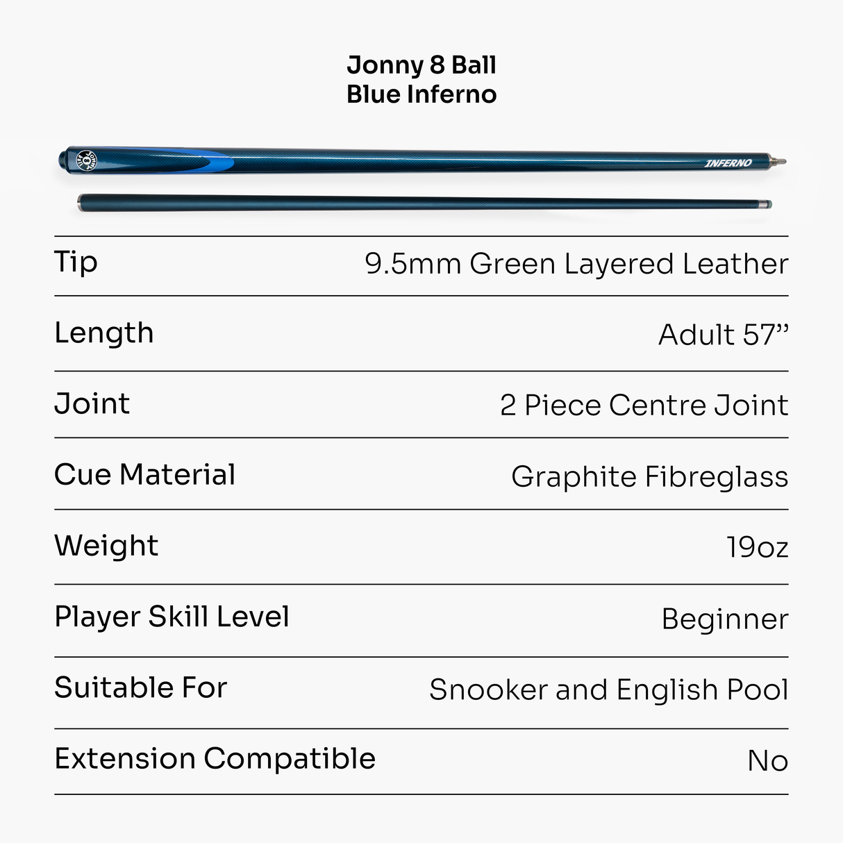 Jonny 8 Ball Inferno 2 Piece Graphite Fiberglass Snooker and Pool Cue 9.5mm Green Layered Tip