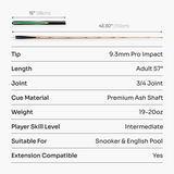 PRO147 Jester 57 Inch 3/4 Joint Hand Spliced Snooker and Pool Cue with 9.3mm Pro Tip PRO147