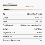 Baize Master Platinum Series Majestique 57 Inch ¾ Joint Hand Spliced Luxury Ash English Pool Cue with 8.5mm Baize Master Blue Pressed Tip and Genuine Ebony Butt
