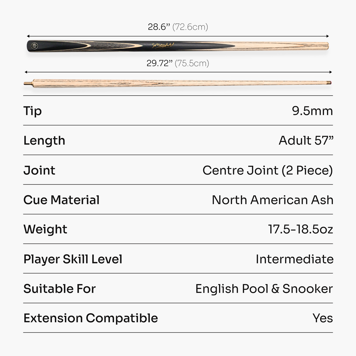 Stan Moody Signed Baize Master Crucible 57" 2 Piece Centre Joint Ash Cue – Crucible Debut Edition - Grey