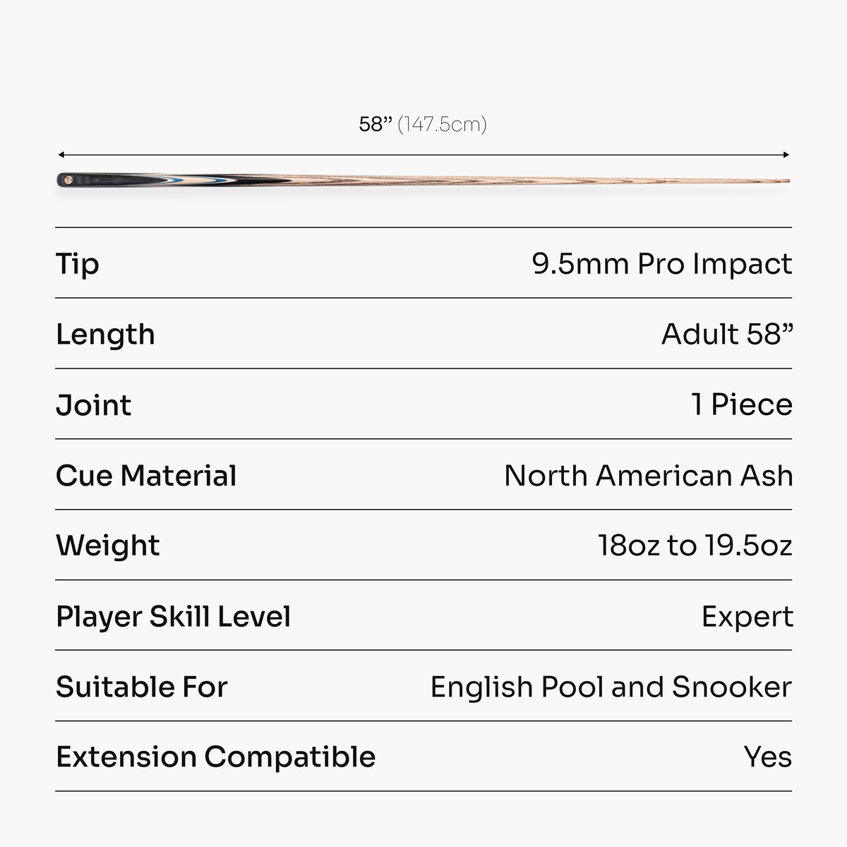 Baize Master Cobalt Centurion 58 Inch 1 Piece Snooker and Pool Cue with 9.5mm Pro Impact Tip