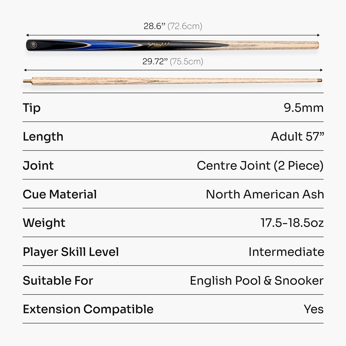 Stan Moody Signed Baize Master Crucible 57" 2 Piece Centre Joint Ash Cue – Crucible Debut Edition - Blue