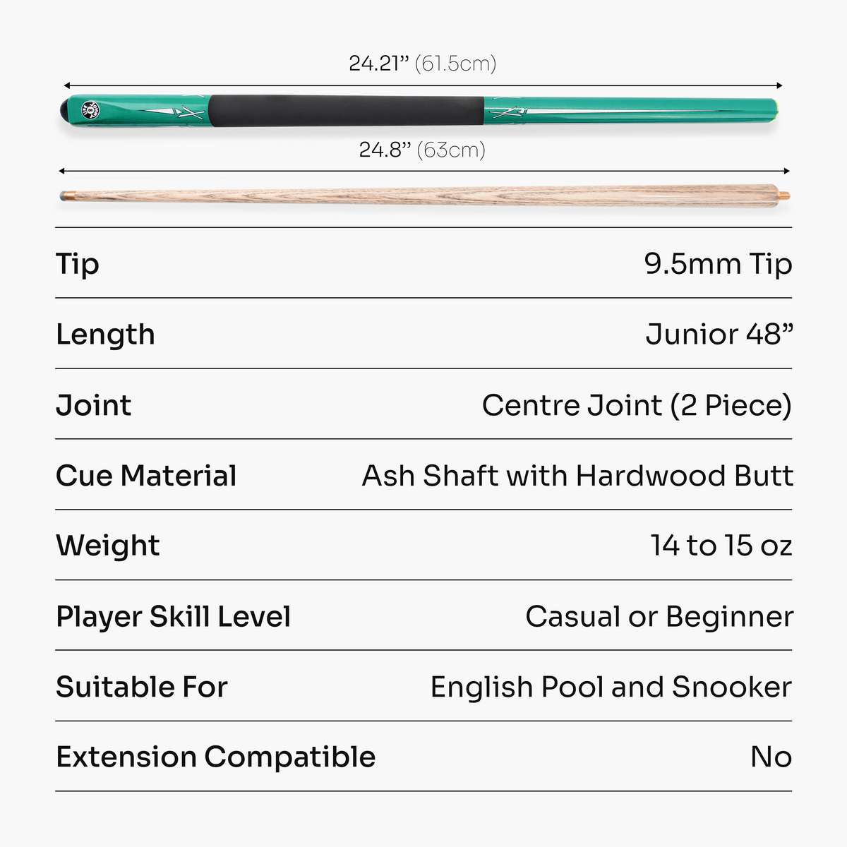 Jonny 8 Ball Teal Torpedo 48 Inch 2 Piece Junior Kids Snooker and Pool Cue 9.5mm Tip