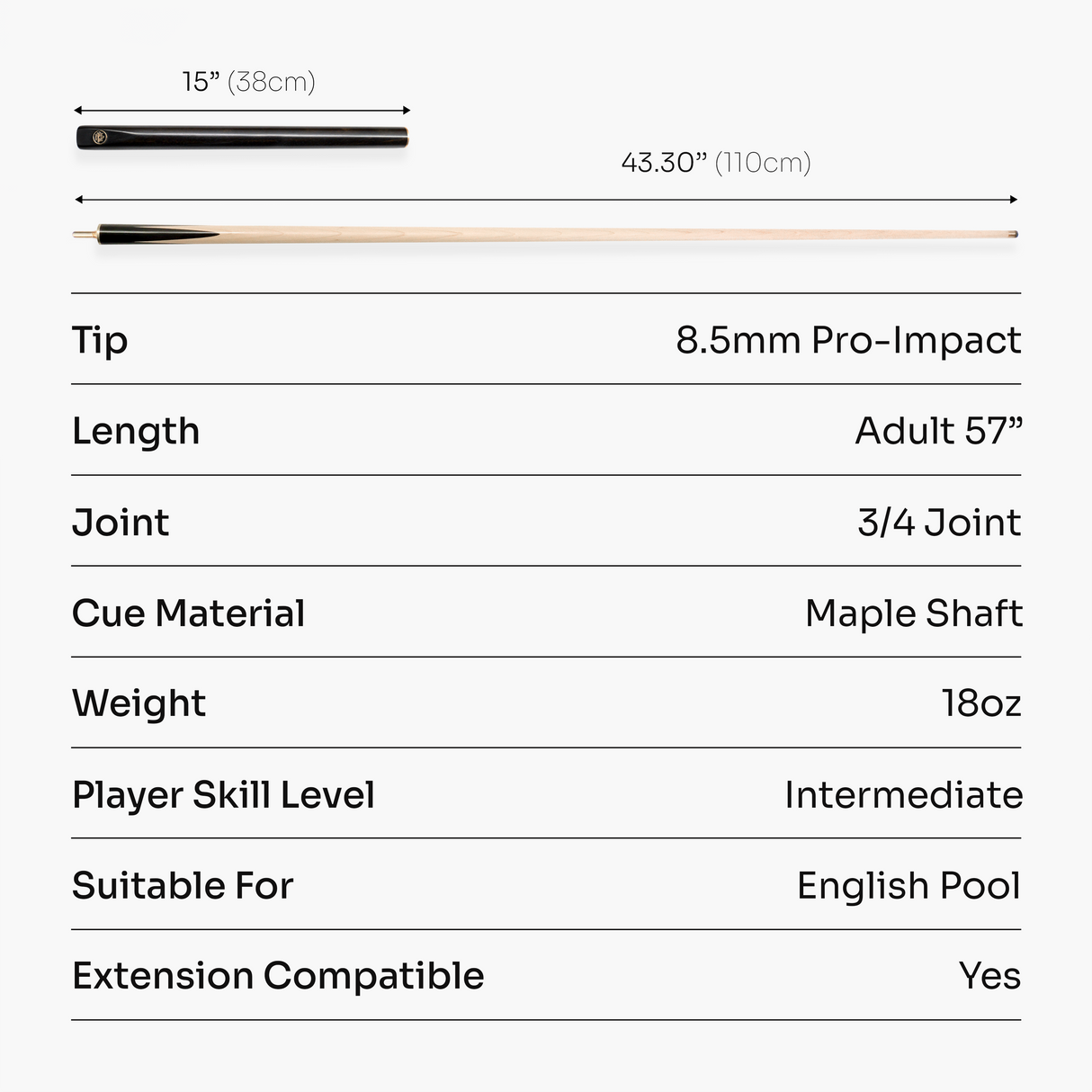 Baize Master Maple Classic ¾ Joint English Pool Cue with Maple Shaft and 8.5mm Pro Impact Tip Baize Master