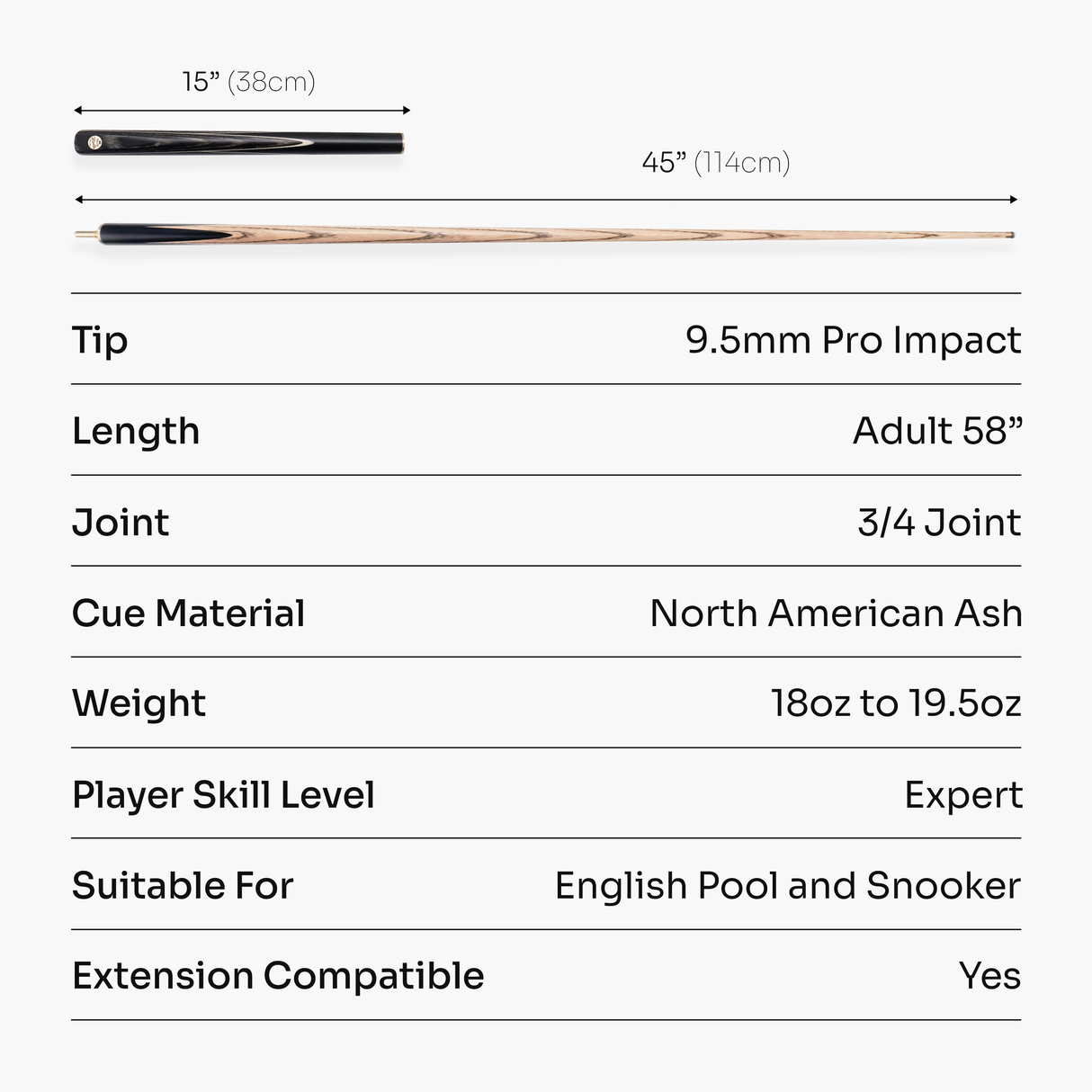 Baize Master Grey Centurion 58 Inch 3/4 Joint Hand Spliced Snooker and Pool Cue with 9.5mm Pro Impact Hybrid Tip Baize Master
