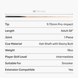 Baize Master CLASSIQUE 58 Inch One Piece Ebony Butt Snooker Cue with Baize Master Pro Impact 9.75mm Tip