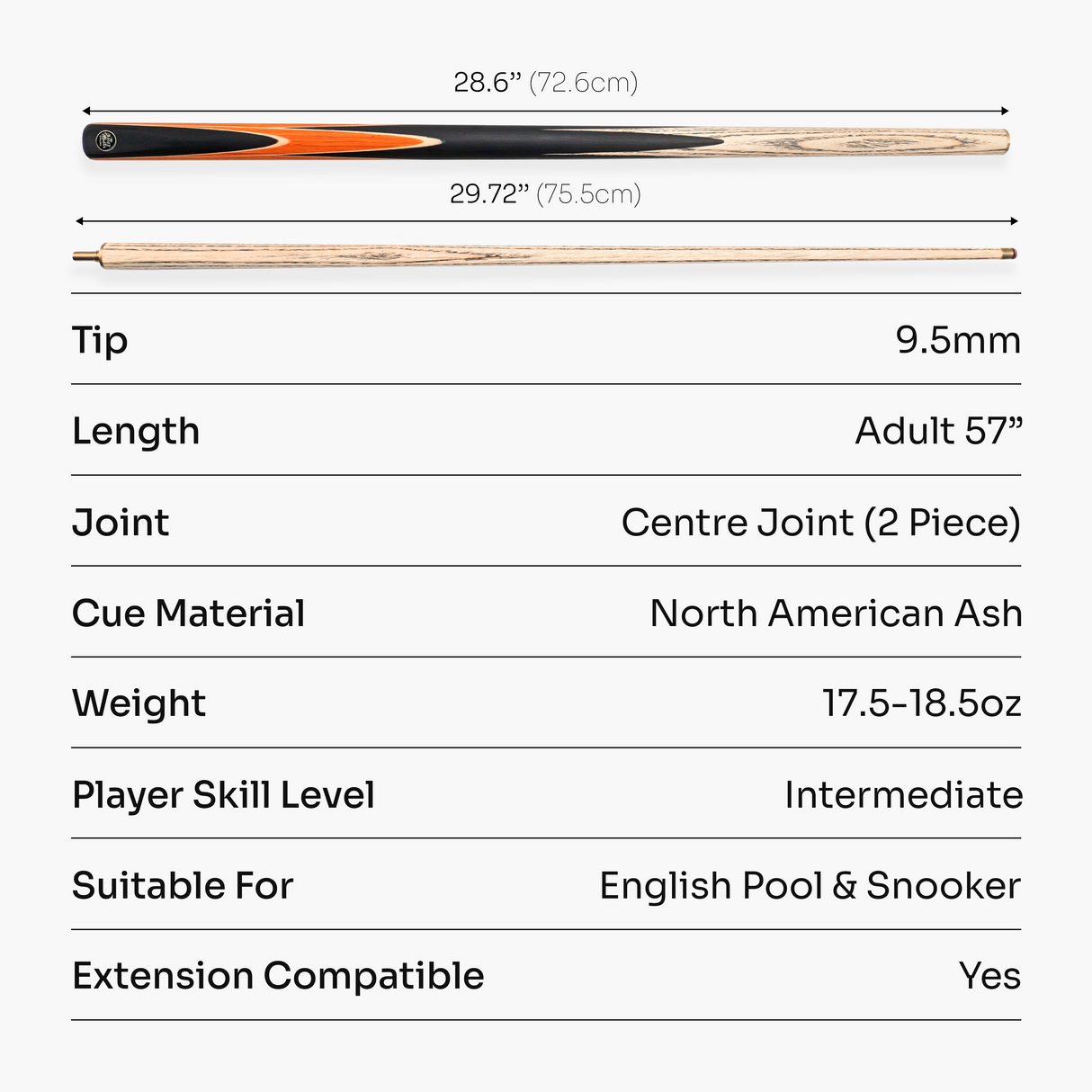 Baize Master CRUCIBLE 57 Inch 2 Piece Centre Joint Ash Snooker Pool Cue with 9.5mm Tip