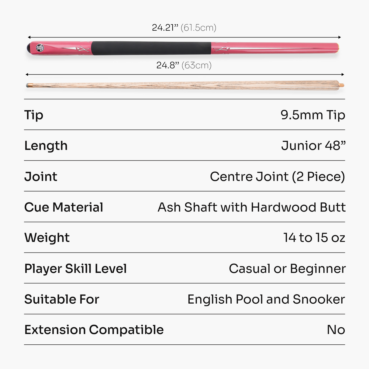 Jonny 8 Ball PINK TORPEDO 48 Inch 2 Piece Junior Kids Snooker Pool Cue and Case Set 9.5mm Tip