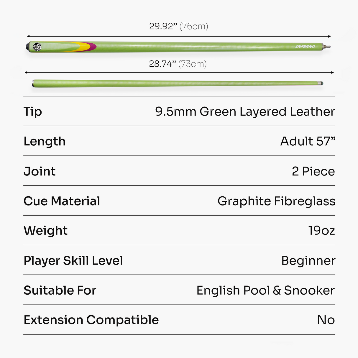 Jonny 8 Ball Inferno 2 Piece Graphite Fiberglass Snooker and Pool Cue 9.5mm Green Layered Tip