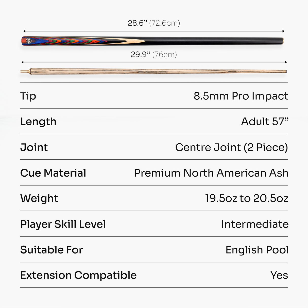 Baize Master BLACKLINE CLASSIC 2 Piece English Pool Cue and Case Set 8.5mm Pro Impact Tip