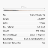 Jonny 8 Ball Juggernaut 57 Inch 1 Piece Ash English Pool Break Cue with Phenolic Ferrule and 10.5mm Crystal Tip