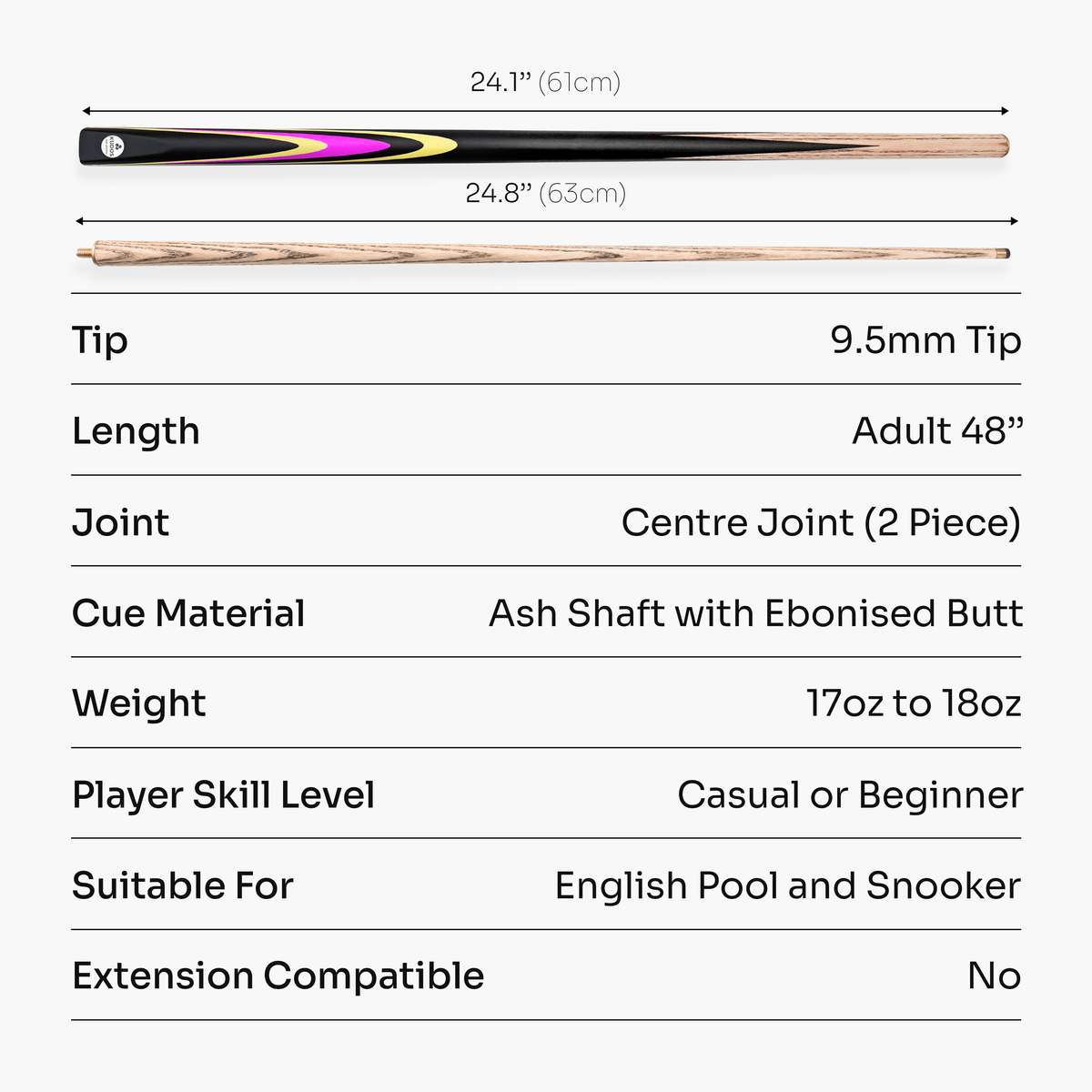 Kudos Junior Pulse 48 Inch 2 Piece Kids Snooker and Pool Cue with 9.5mm Tip