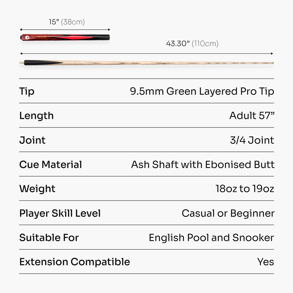 PRO147 Red Eclipse 3/4 Joint Snooker and Pool Cue 9.5mm Green Layered Tip