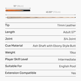 Baize Master Tan Crusher 57 Inch ¾ Joint English Pool Break Cue - 11mm Tip – For Breaking Only