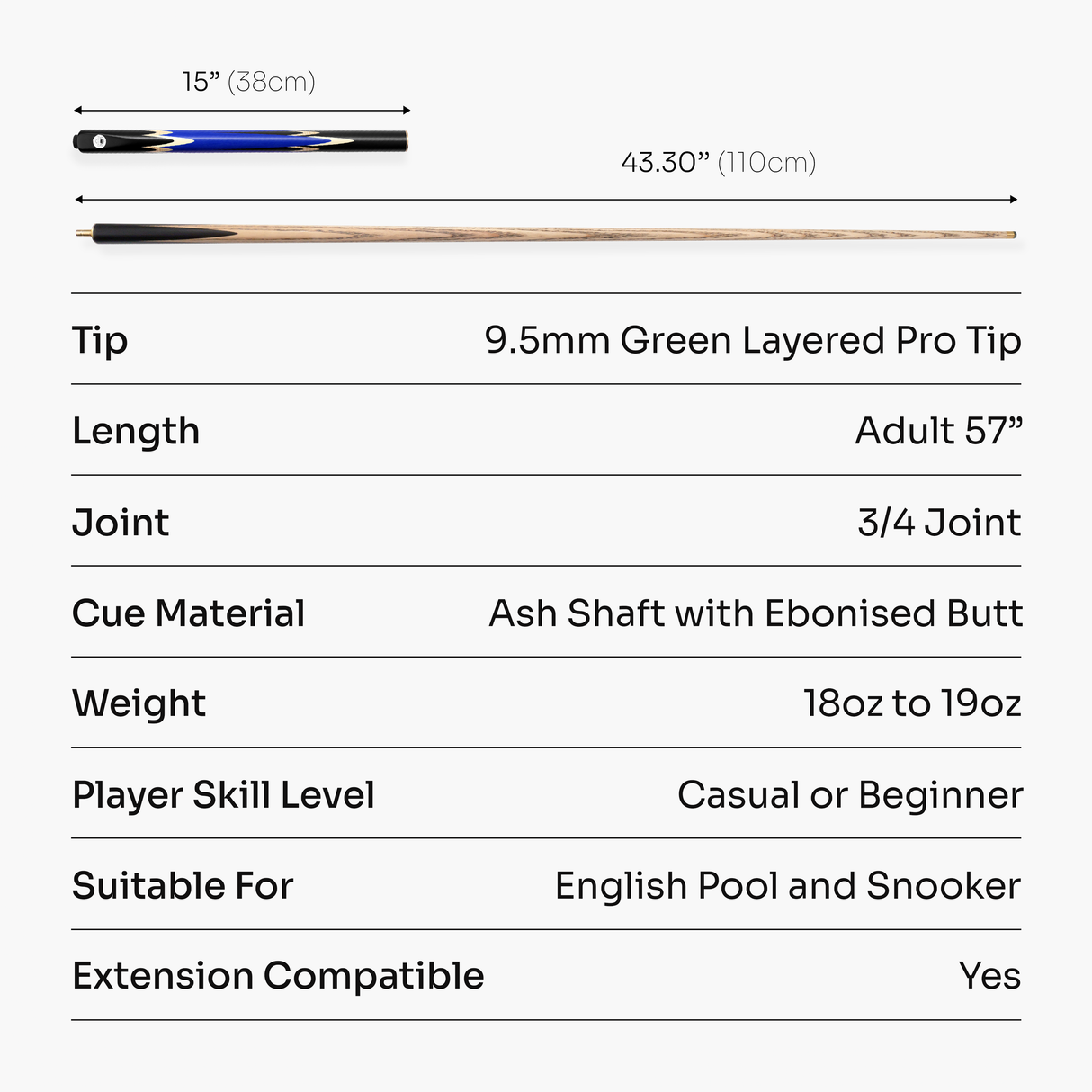 PRO147 Lancet 3/4 Joint Snooker and Pool Cue with 9.5mm Green Layered Tip