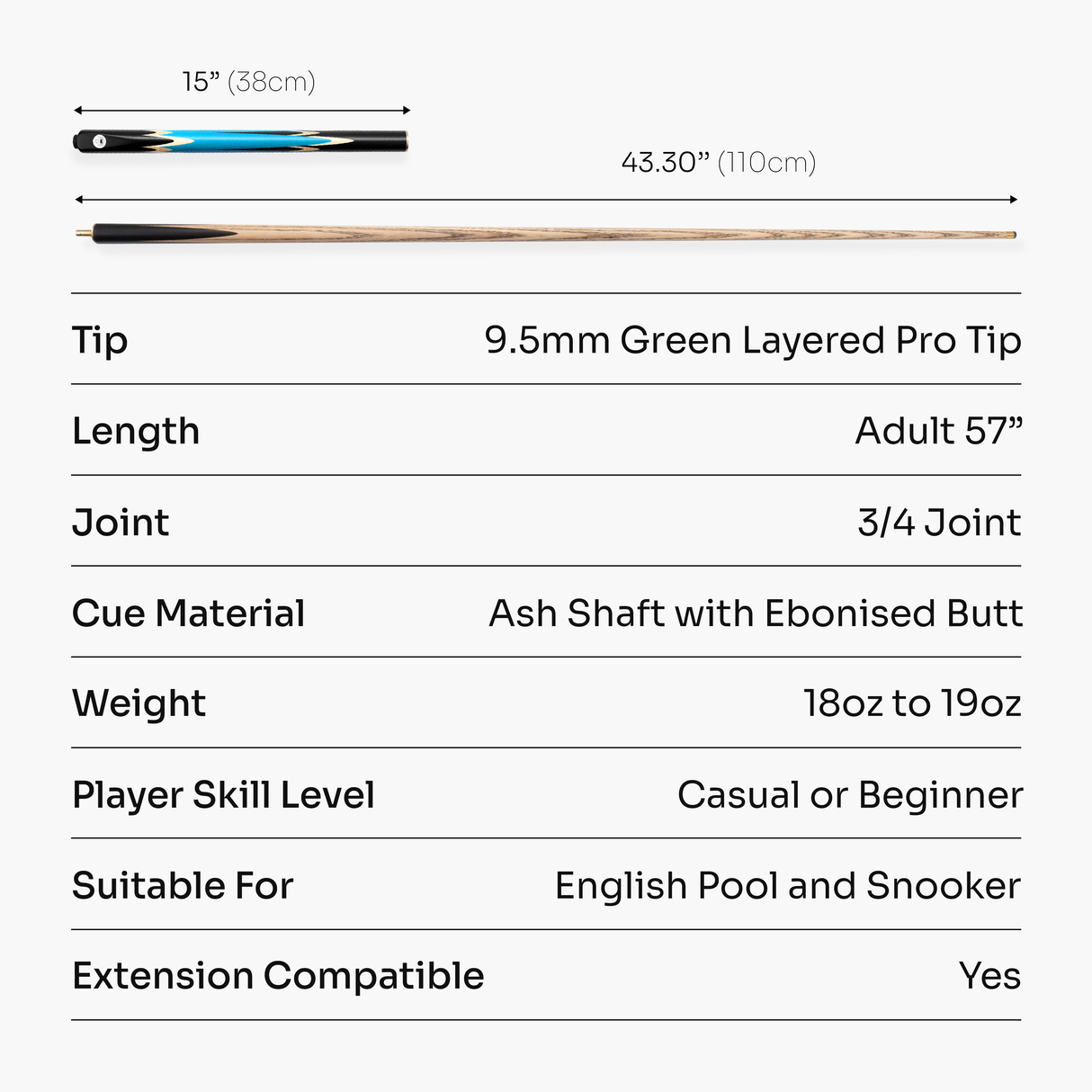 PRO147 Lancet 3/4 Joint Snooker and Pool Cue with 9.5mm Green Layered Tip