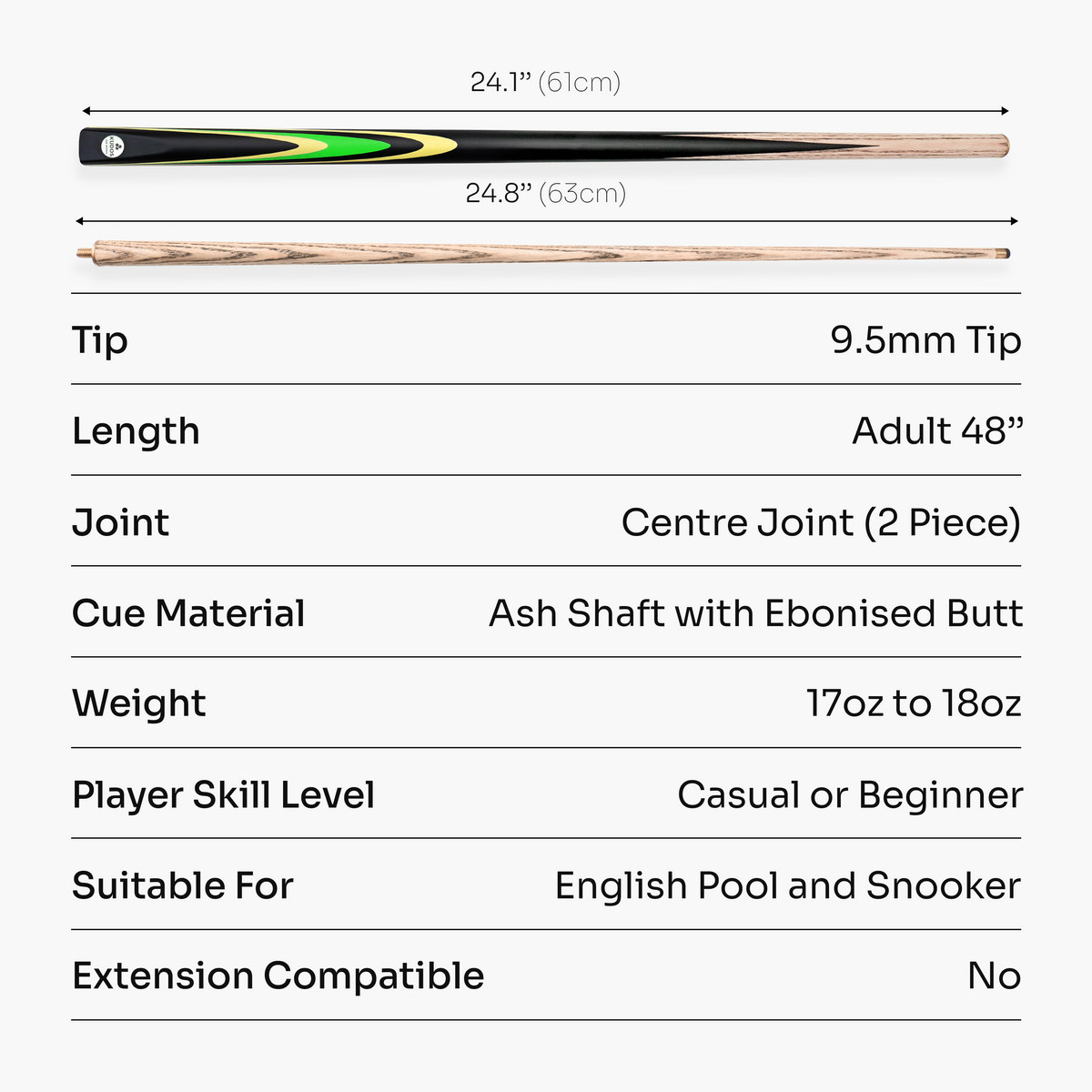 Kudos Junior Pulse 48 Inch 2 Piece Kids Snooker and Pool Cue with 9.5mm Tip