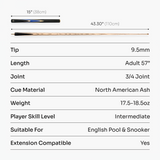 Baize Master Crucible 57 Inch 3/4 Jointed Snooker Pool Cue and Case Set 9.5mm Tip