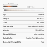 Baize Master Crucible 57 Inch 3/4 Jointed Snooker Pool Cue and Case Set 9.5mm Tip