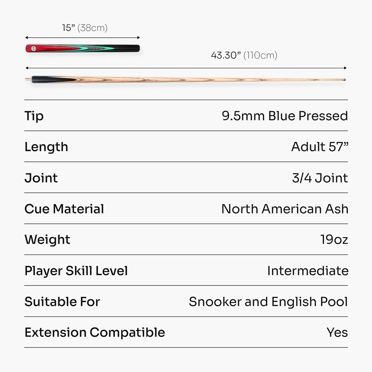 Baize Master Admiral ¾ Joint Snooker and Pool Cue with 9.5mm Blue Pressed Tip