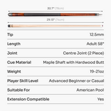 Jonny 8 Ball IRONWEAVE 2 Piece American Pool Cue with 12.5mm Layered Leather Tip