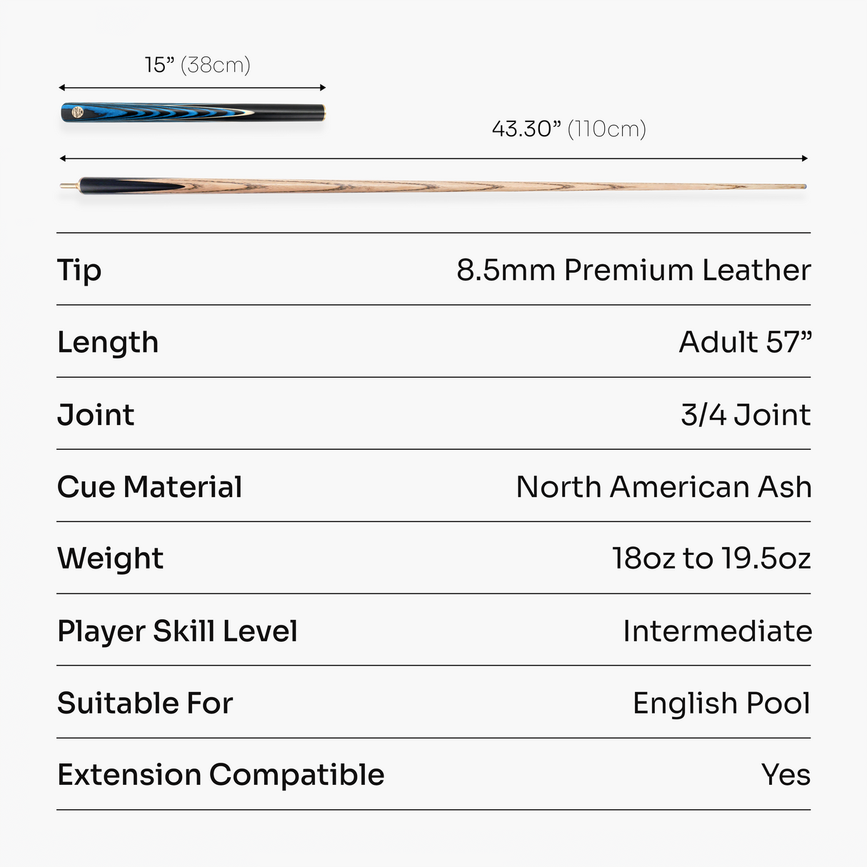 Baize Master Azure Marksman ¾ Joint English Pool Cue and Case Set with 8.5mm Baize Master Blue Pressed Tip