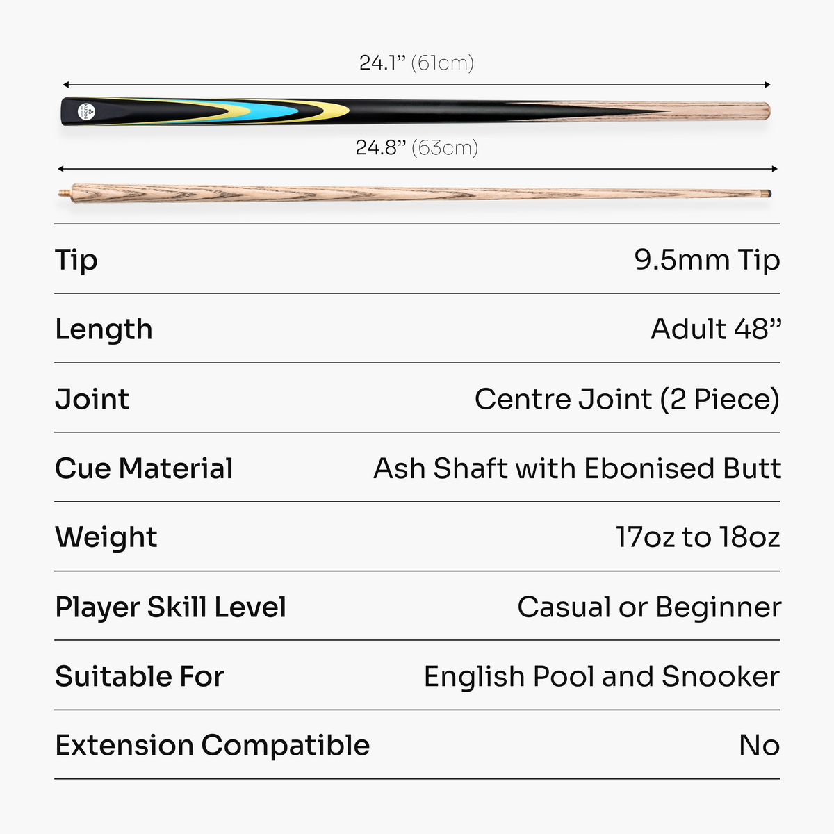 Kudos Junior Pulse 48 Inch 2 Piece Kids Snooker and Pool Cue with 9.5mm Tip