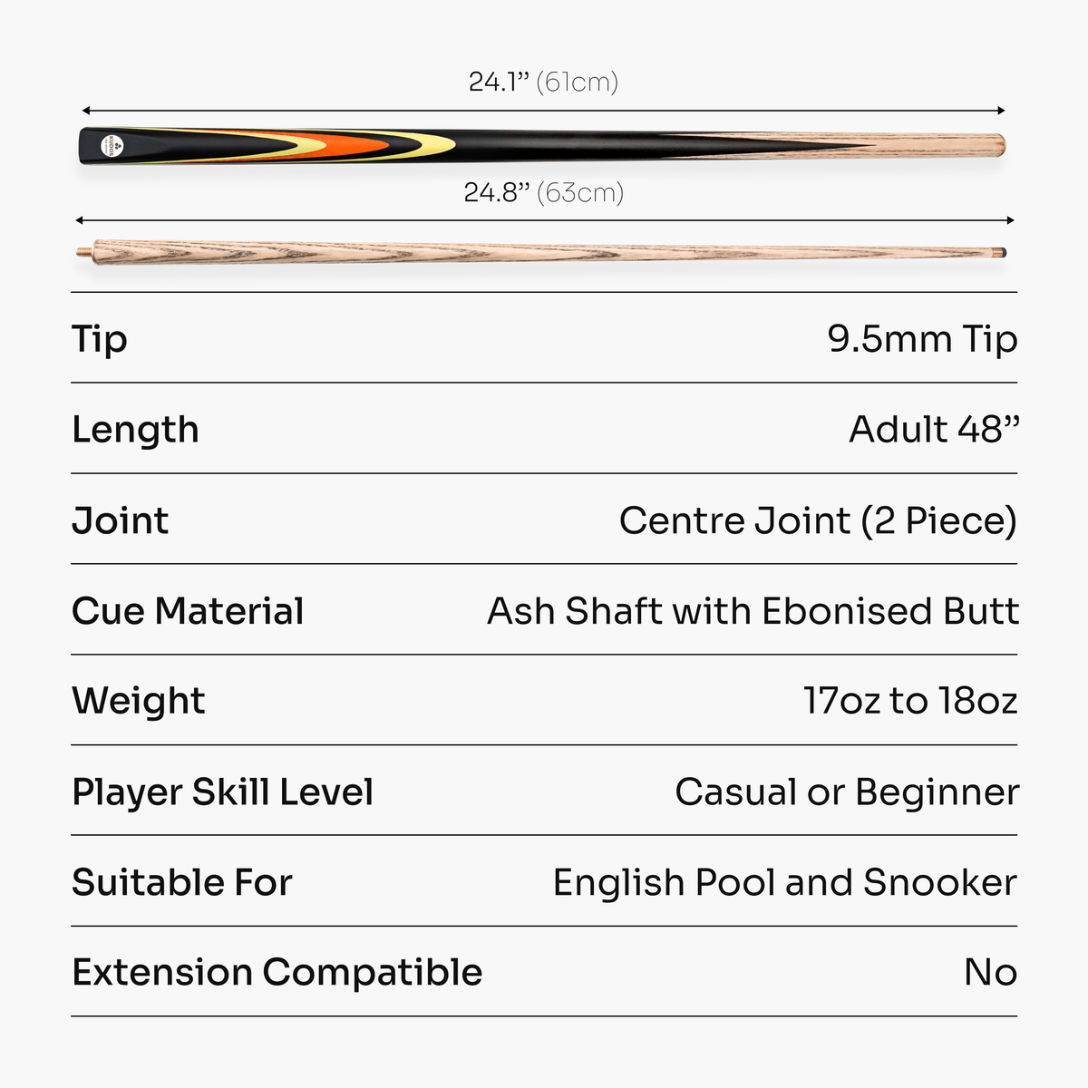 Kudos Junior Pulse 48 Inch 2 Piece Kids Snooker and Pool Cue with 9.5mm Tip