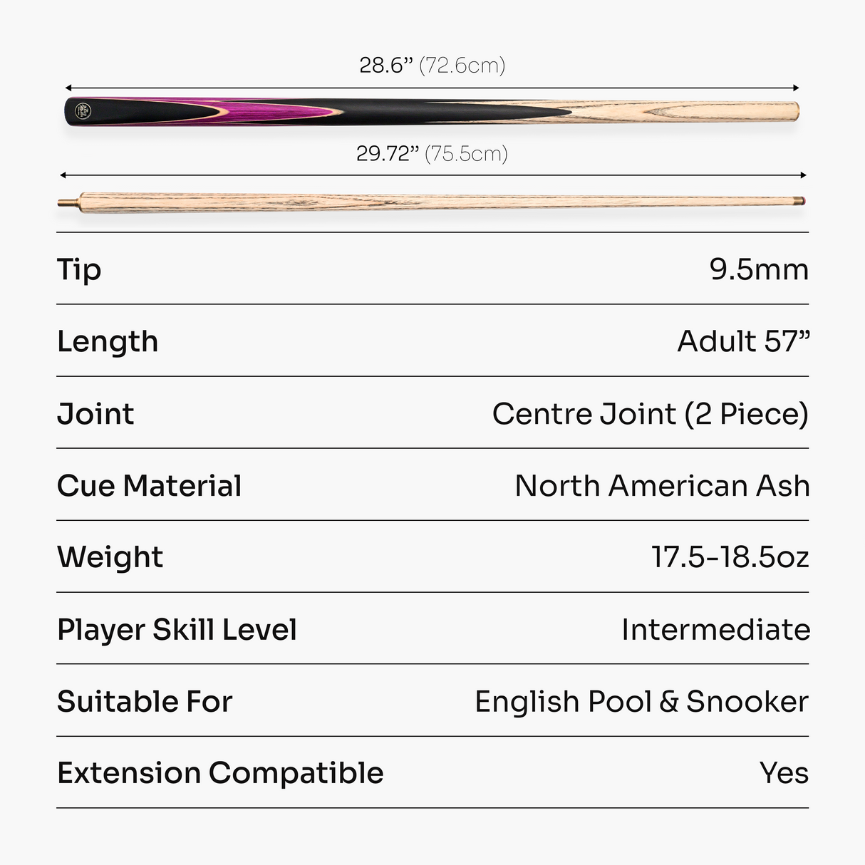 Baize Master CRUCIBLE 57 Inch 2 Piece Centre Joint Ash Snooker Pool Cue with 9.5mm Tip