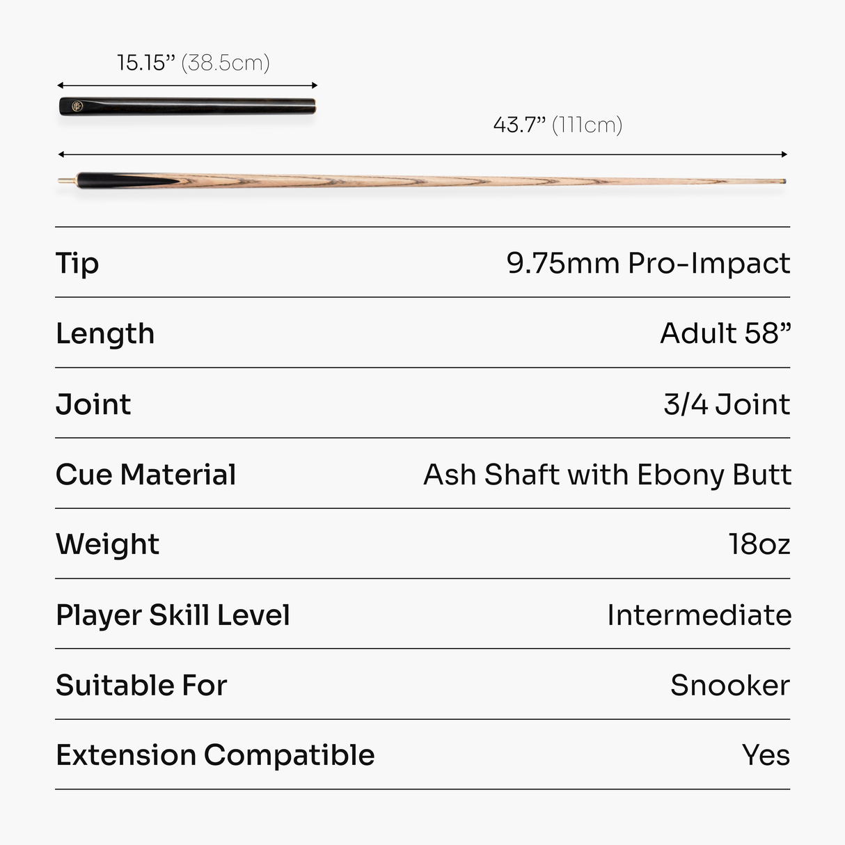 Baize Master CLASSIQUE 58 Inch ¾ Joint Ebony Butt Snooker Cue with Baize Master Pro Impact 9.75mm Tip