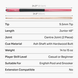 Jonny 8 Ball PINK TORPEDO 48 Inch 2 Piece Junior Kids Snooker Pool Cue and Hard Case Set 9.5mm Tip