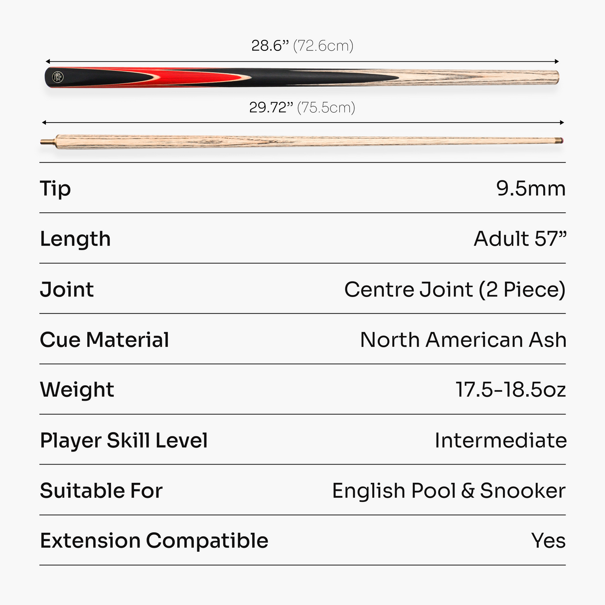 Baize Master CRUCIBLE 57 Inch 2 Piece Centre Joint Ash Snooker Pool Cue with 9.5mm Tip