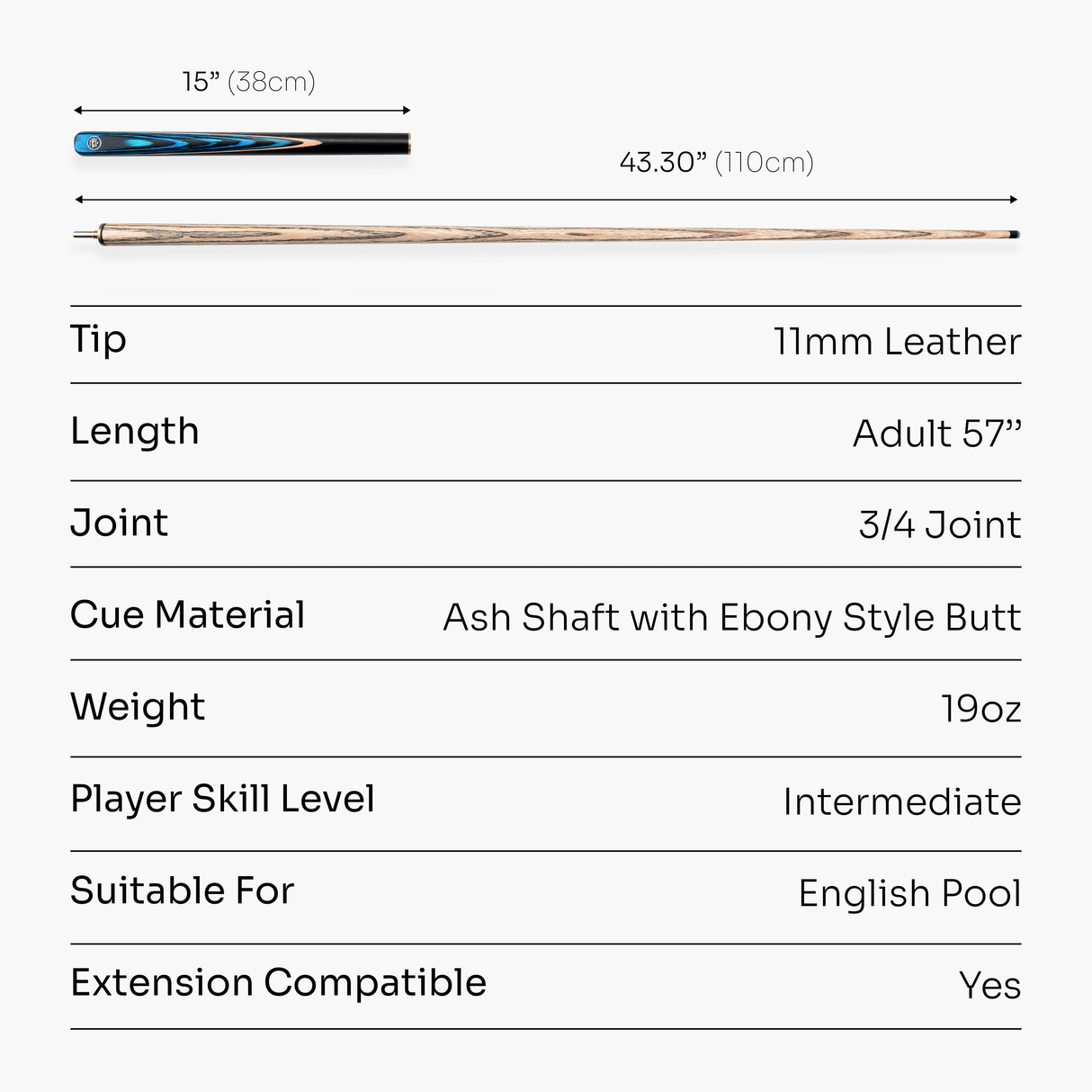 Baize Master Blue Crusher 57 Inch ¾ Joint English Pool Break Cue - 11mm Tip – For Breaking Only