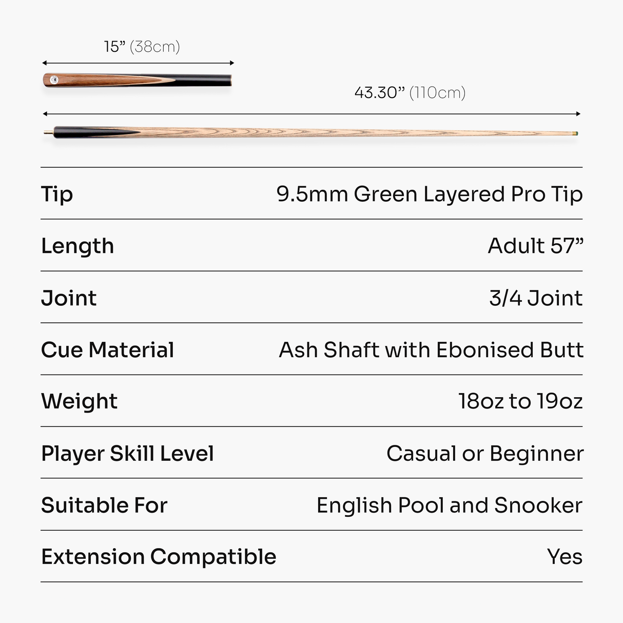 PRO147 Hurricane 57 Inch 3/4 Heavy Weight Snooker Pool Cue 9.5mm Tip with Hard Case and Extensions