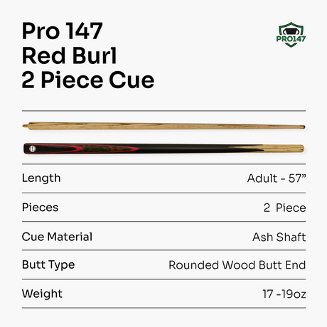 Pro147 RED BURL 2pc Centre Joint Snooker Pool Cue 57 Inch with Matching Ash Grain and 9.5mm Tip PRO147