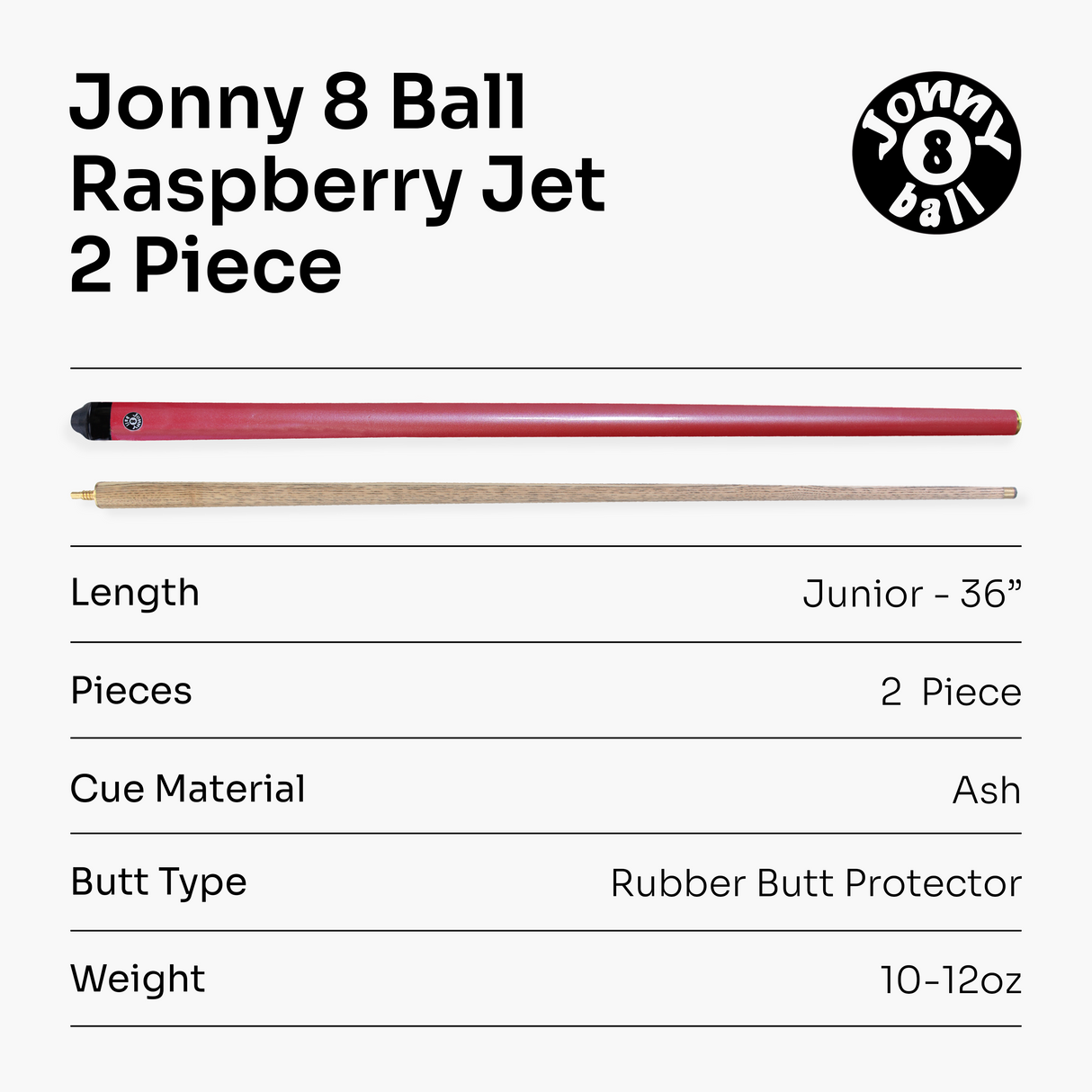 Jonny 8 Ball 36 inch RASPBERRY JET Kids Junior Snooker Pool Cue 10mm Tip