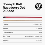 Jonny 8 Ball 36 inch RASPBERRY JET Kids Junior Snooker Pool Cue 10mm Tip