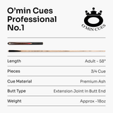 O'min Professional #1 3/4 Joint Snooker Cue with 9.75mm O'min Pro Tip