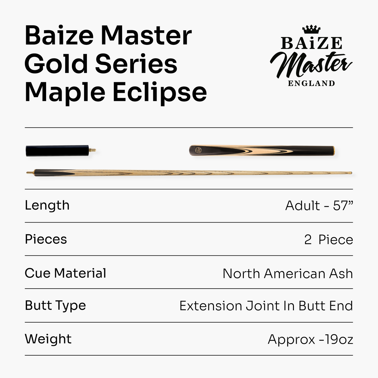 Baize Master Gold Series Maple Eclipse 58 Inch ¾ Joint Premium Ash Snooker Pool Cue 9.5mm Tip